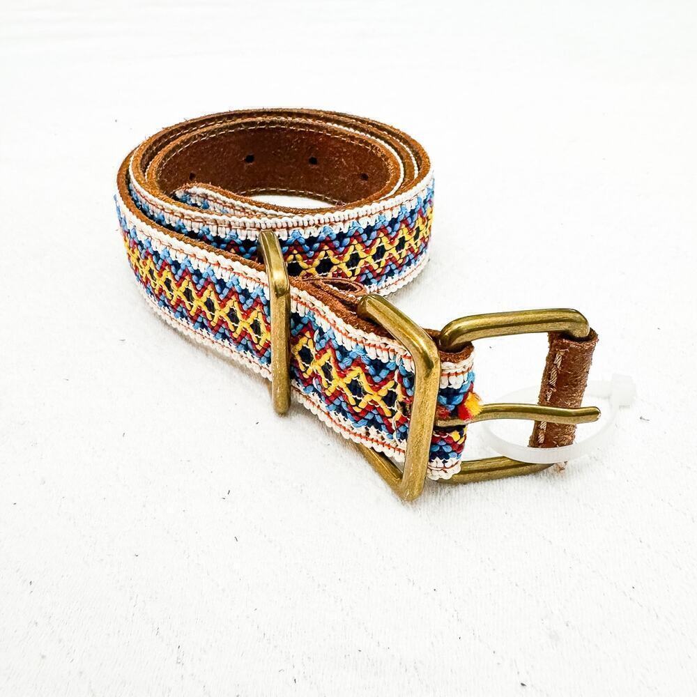 Gap Bohemian Textured Woven Leather Belt Gold Brass Accents Size XS